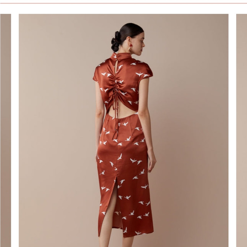 Elegant Silkinc Rust Brown Cheongsam Midi Dress with Bird Pattern 165 S - Picture 2 of 10